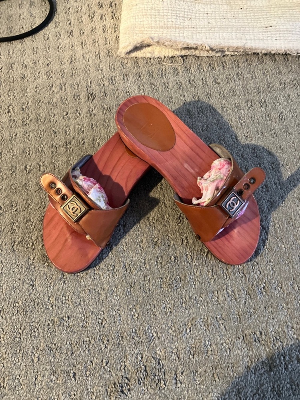 Authentic CHANEL Brown Leather Slide Sandals with Logo Accent